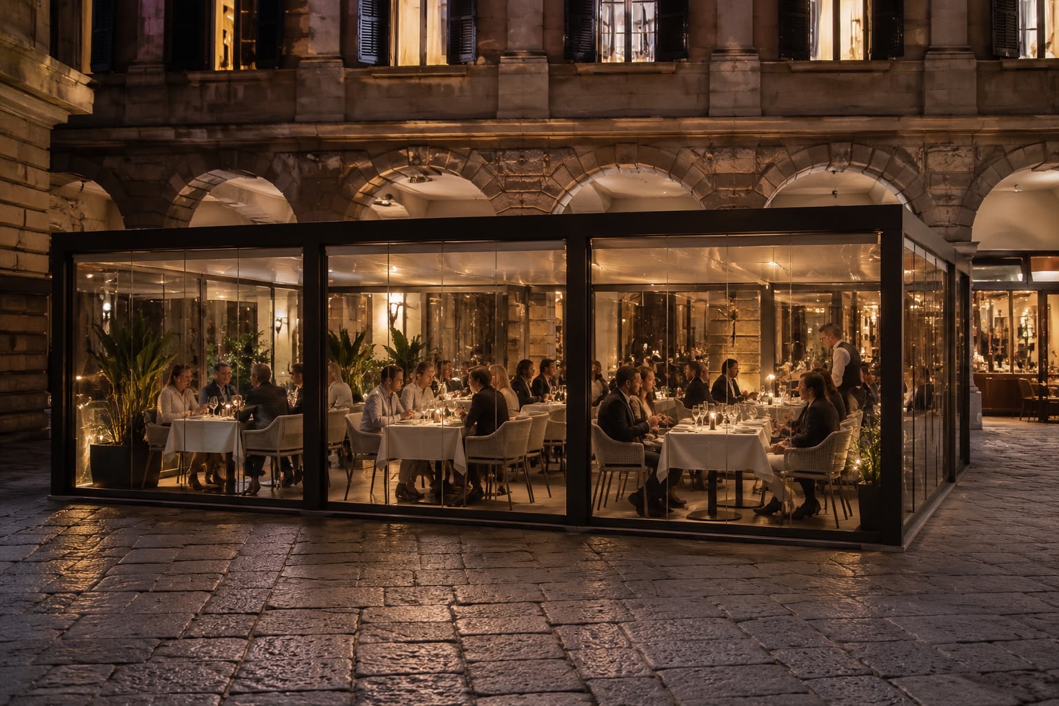 Copertura Protego per ristorante elegante di sera